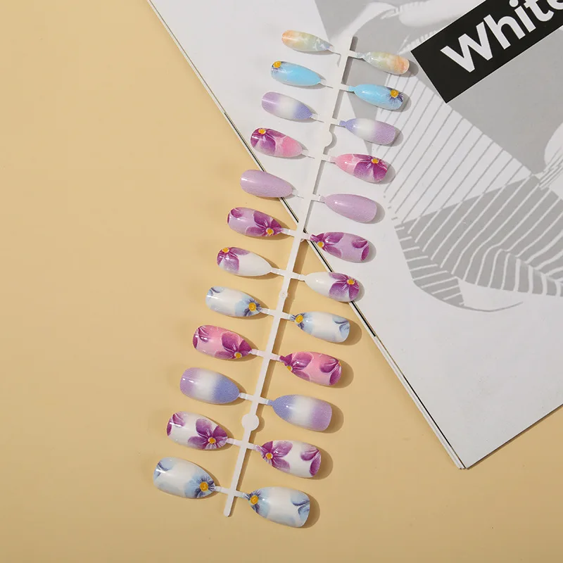 

24Pcs Short Colorful Flower False Nails With Jelly Glue Artificial Nail Art Diy Fashion Manicure Design Fake Nails For Girl