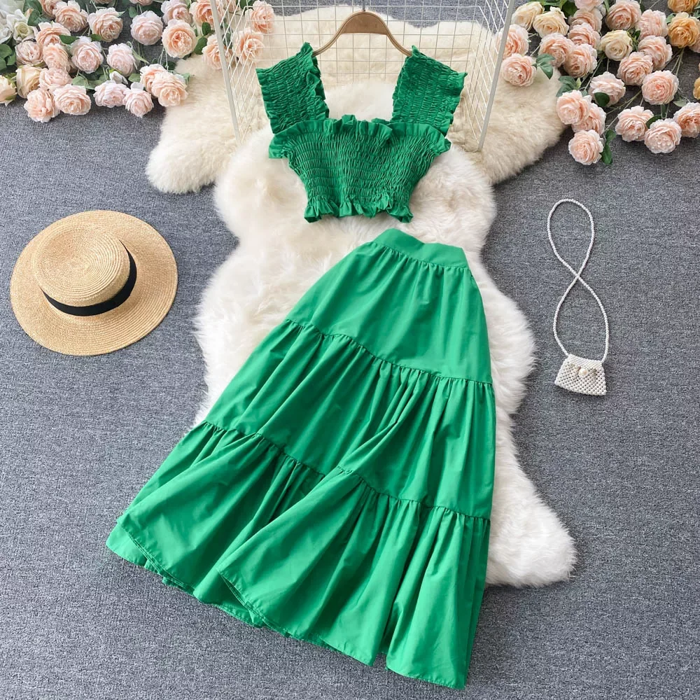 

2022 New Bohemian Vintage Two Piece Set Summer Square Collar Sleeveless Draped Short Tops + High Waist Skirt Female Suit Mujer