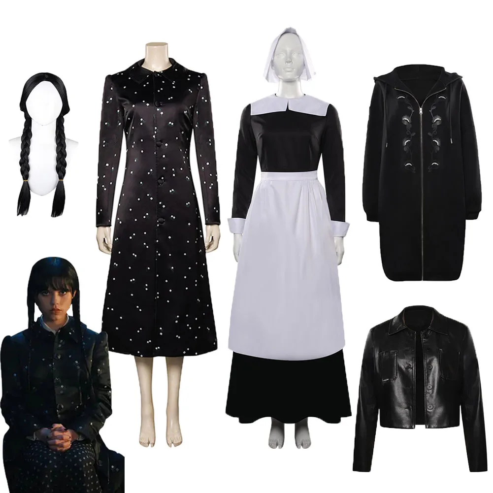 

Wednesday Addams Cosplay Costume Outfits Coat Jacket Halloween Carnival Party Suit Woman Black Dress Male Female RolePlay Tops