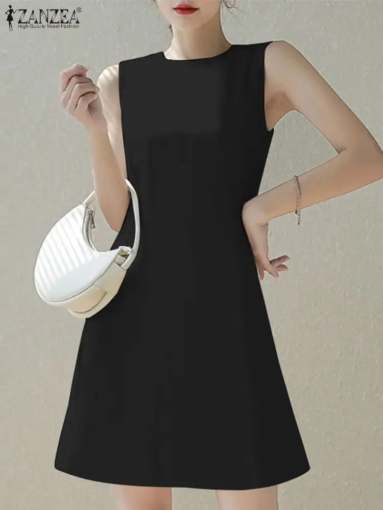 

ZANZEA Fashion Elegant Vestidos Summer Sleeveless Tank Dress Casual Women Mini Dress Korean Style Pink Round Neck Short Robes