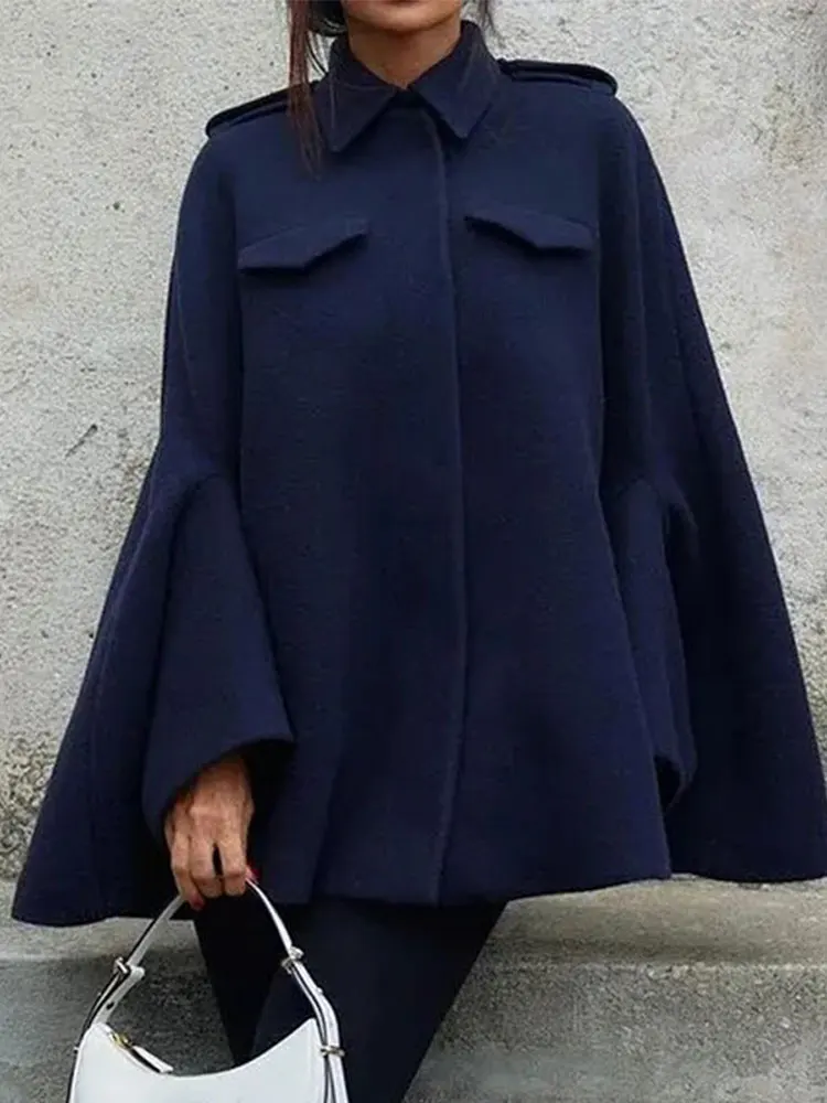 

Модная элегантная однотонная накидка с рукавом летучая мышь, шерстяное пальто, женская Повседневная Свободная куртка, модель сезона осень/зима 2023 года, шикарная женская верхняя одежда для отпуска