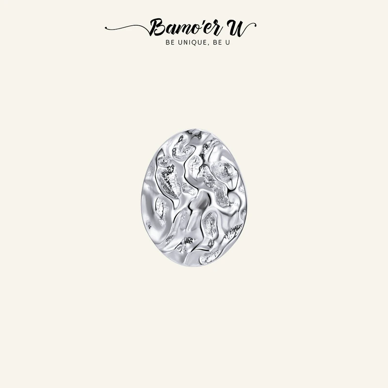 

BAMOER U Punk Jewelry 925 Sterling Silver 1pcs Oval Round Stud Earrings For Women Rock Texture Ear Studs Cool Jewelries For Her