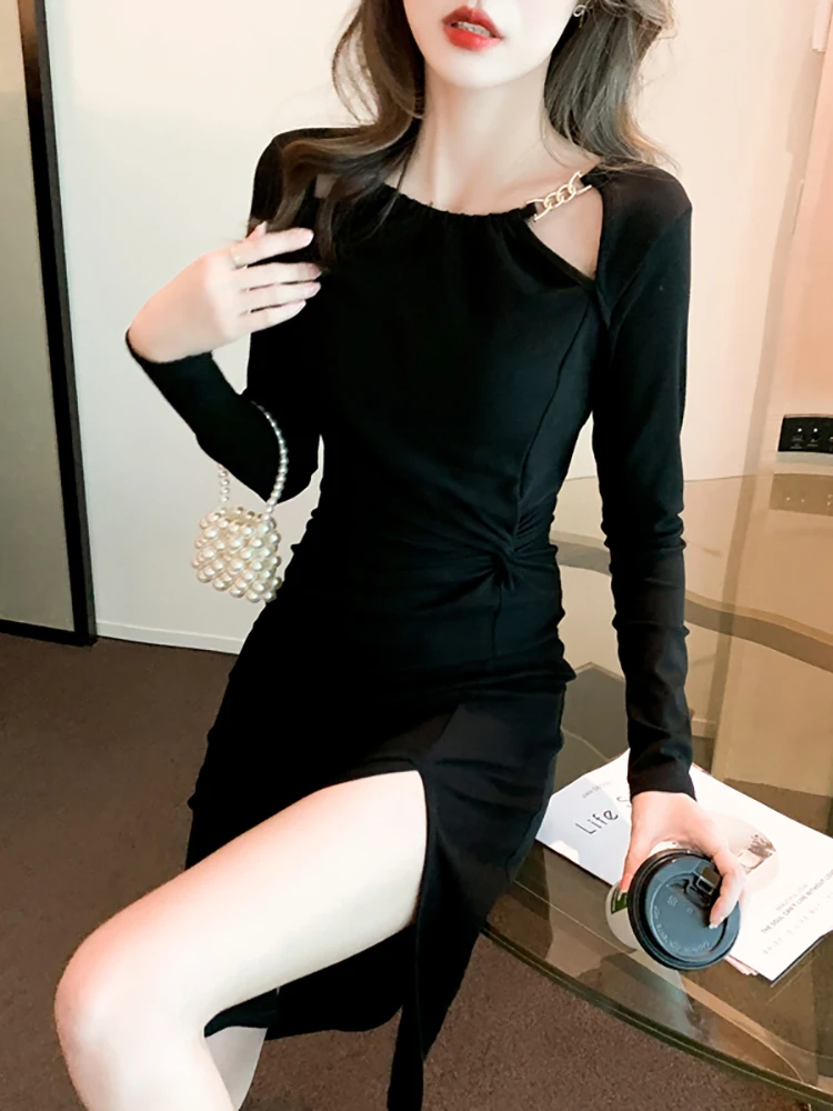 

Spring Black Long Sleeve Chic Hollow Out Sexy Dress Women Elegant Casual Y2k Long Dress 2023 Korean Vintage Hepburn Party Dress