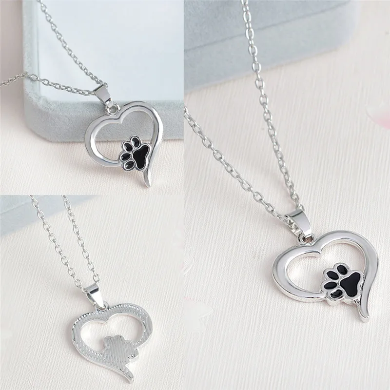 

Hollow Pet Paw Prints Necklaces Cute Animal Dog cat Memorial jewelry Pet Lover Puppy Paw Heart Charm Black Enamel Necklace