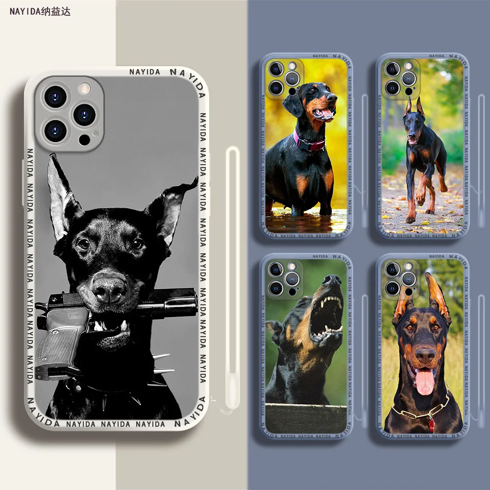 

Soft Silicone Phone Case For iPhone 14 13 11 12 Mini Pro Max XS XR X Blue Lanyard Cover Black Doberman