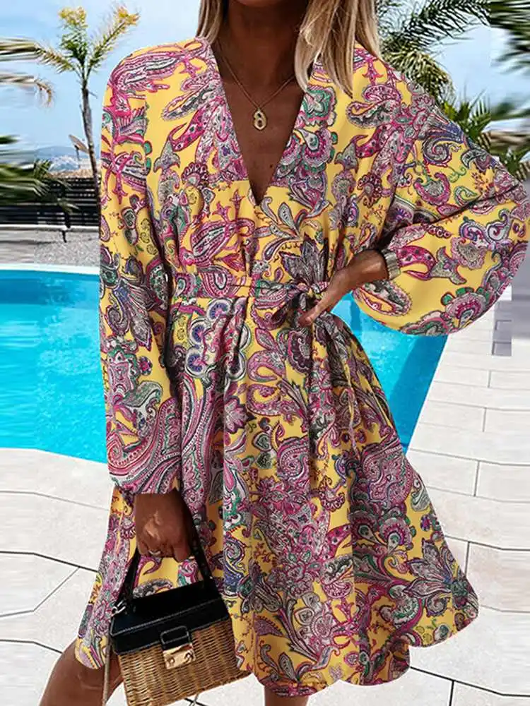 

Повседневный богемный сарафан Celmia с пышными рукавами, пикантное мини-платье с V-образным вырезом, женские летние короткие платья в стиле рет...