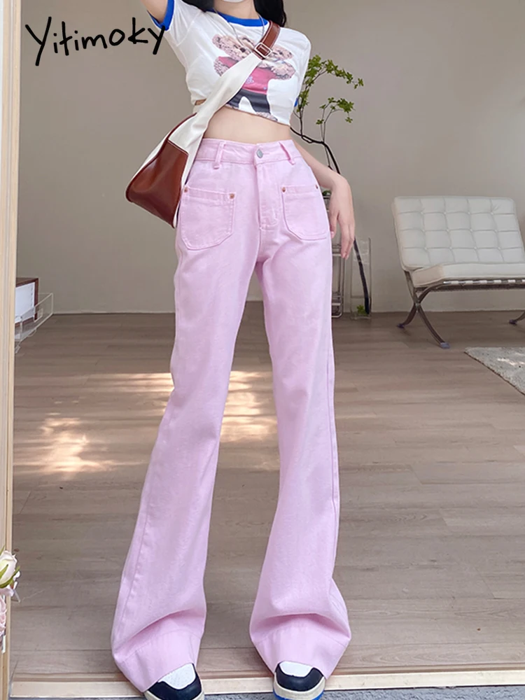 

Женские джинсы-клеш Yitimoky, розовые мешковатые длинные винтажные брюки из денима с 2 карманами, мороженого, Y2K, 2022