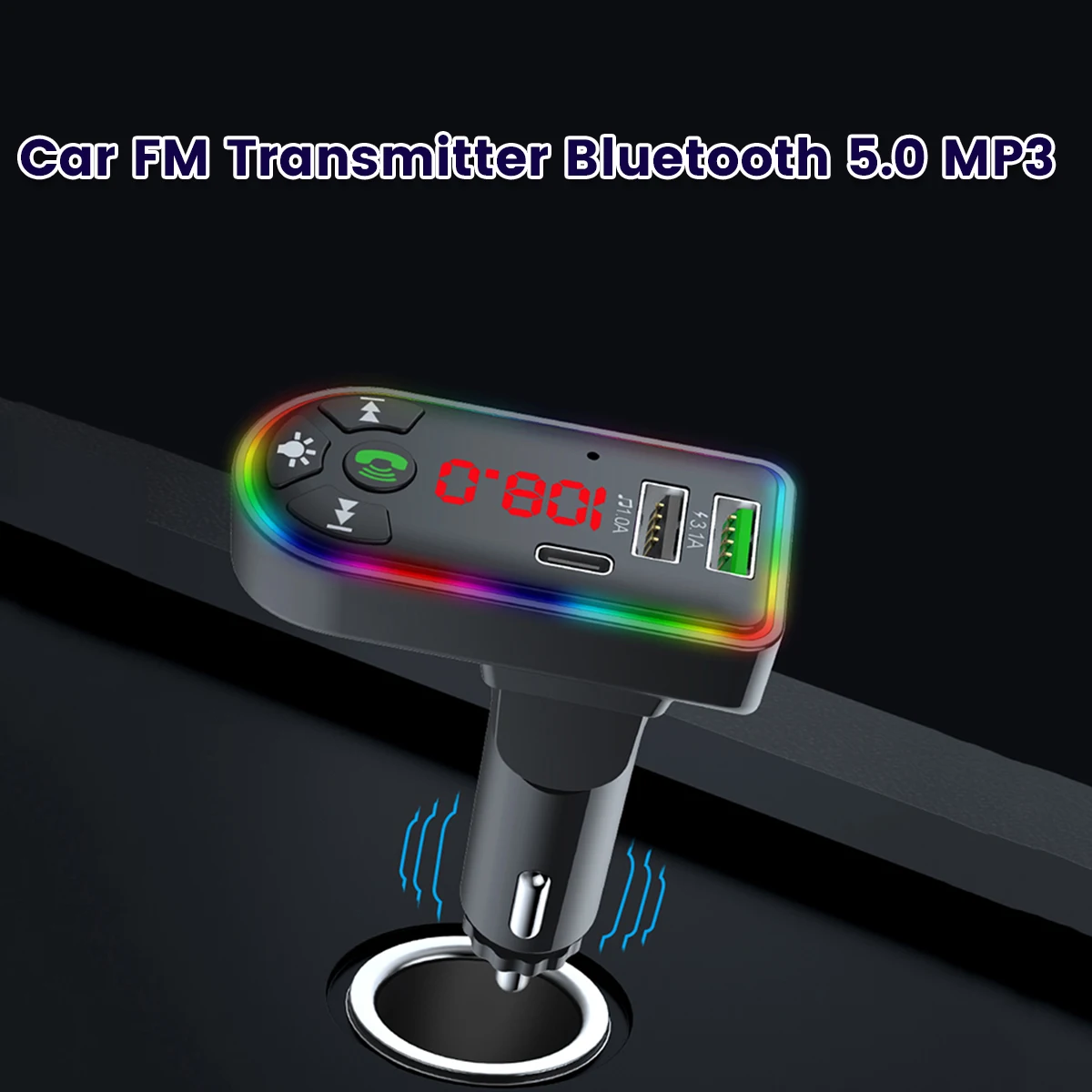 

2022 New Car MP3 Player Bluetooth 5.0 FM Transmitter w/1A USB Charger and QC3.1A Interface Wireless FM Modulator w/ Built-in Mic