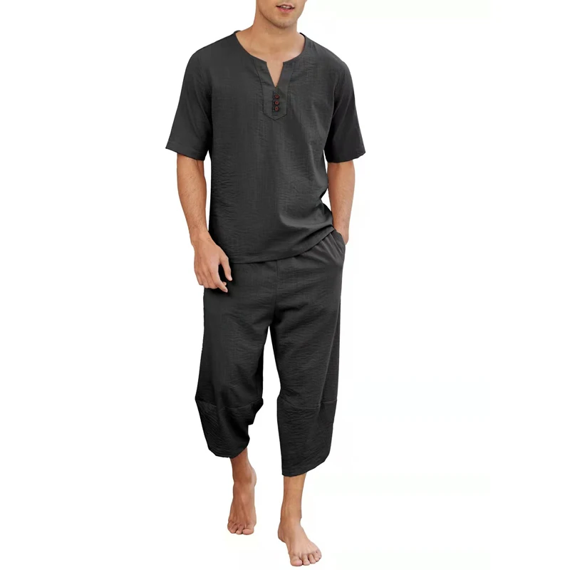 

Комплект из двух предметов мужской из хлопка и льна, пуловер с V-образным вырезом и короткими рукавами, рубашка и укороченные брюки, однотонный свободный наряд, весна-лето 2022