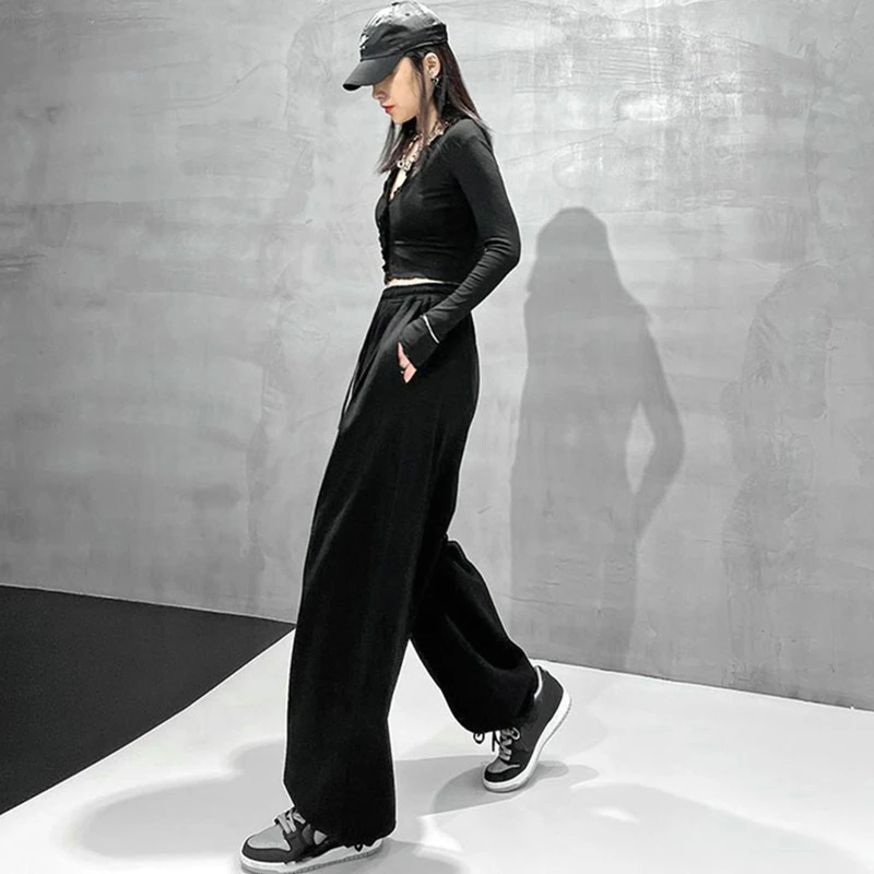 Women's Clothing Oversized Handsome Solid Color Neutral Loose Lacing Pockets Fashion Casual Korean Streetwear Wide Leg Pants