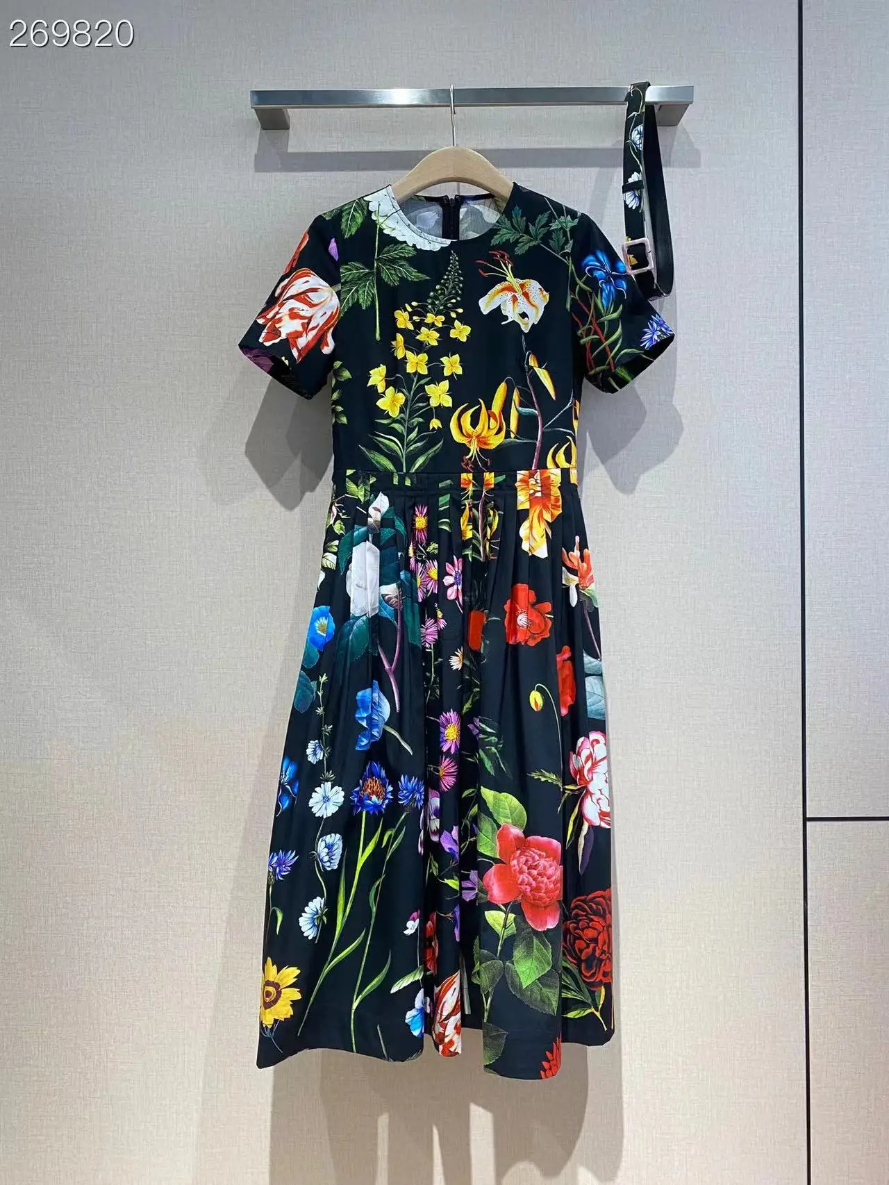 

Fyon Fashion Runway 2022 Summer 100% Cotton Vintage Midi Dress Women Short Sleeve Flowers Printed With Belt Dress Office Lady