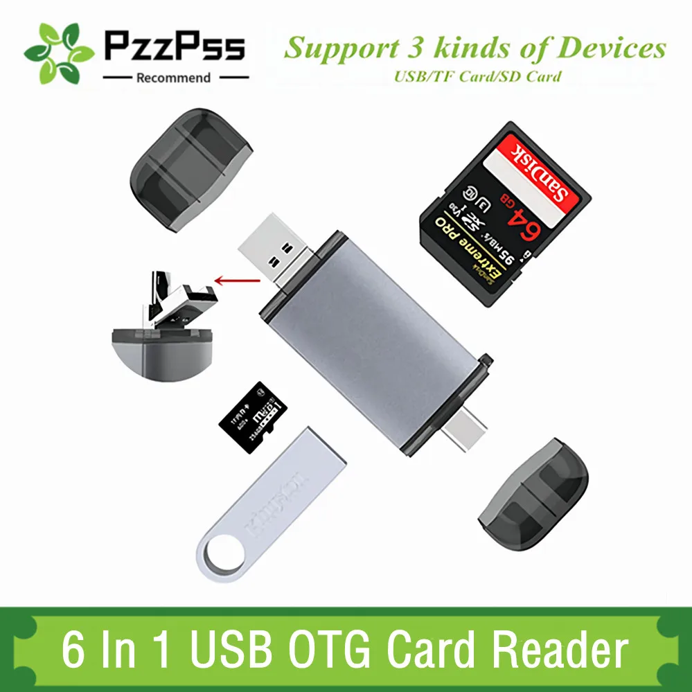 

PzzPss 6 In 1 USB 2.0 OTG Card Reader TYPE-C/Micro USB/USB 2.0/TF/SD Memory Card Card Readers For Computer Laptop Android Phone