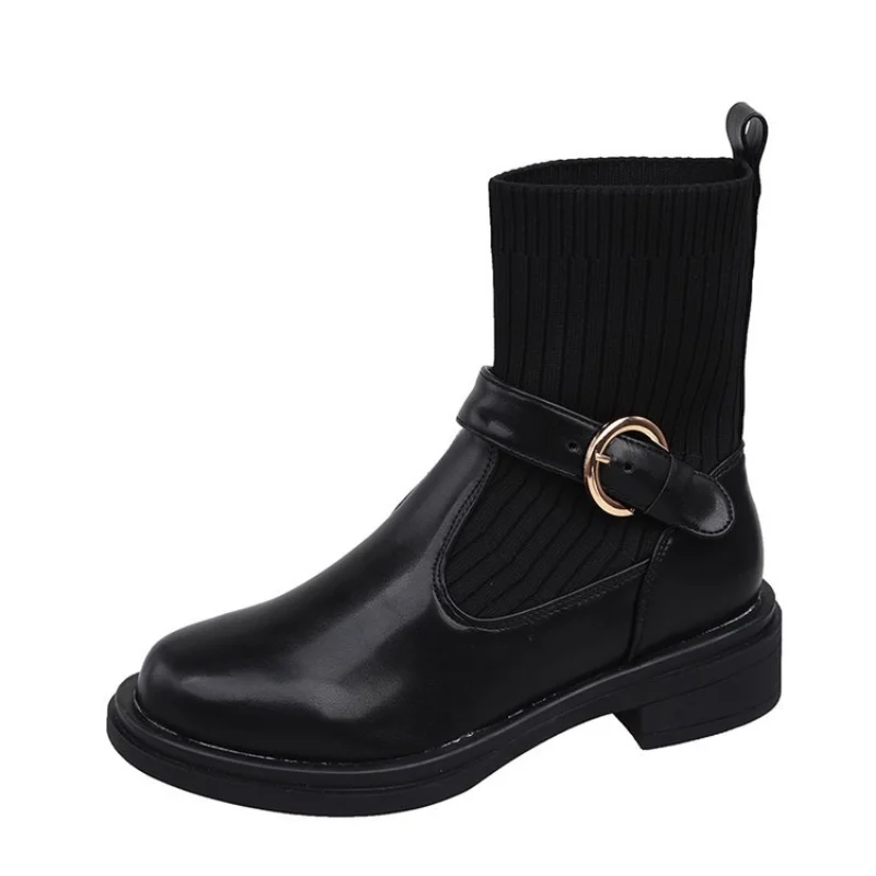 Ankle Boots Woman Slip-On Shoes Woman Fashion Knitted Elastic Round Toe Short Boots Platform Square Heels Leather Boots Women