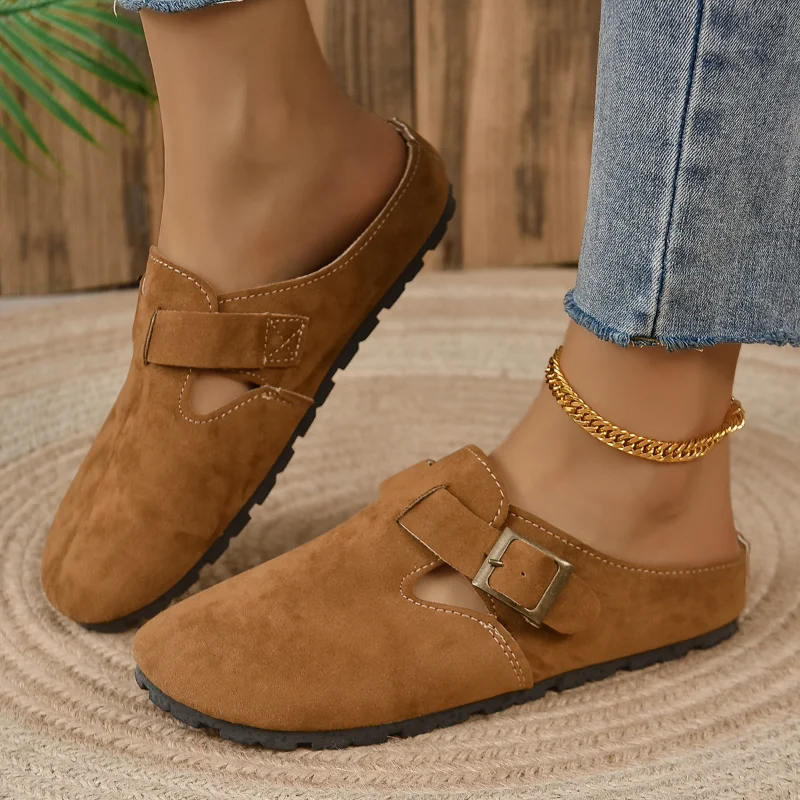 

Женские туфли, новые женские полутапочки Baotou, замшевые кожаные пробковые женские мюли, винтажные модные шлепанцы на плоской подошве