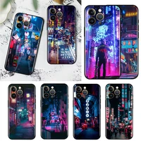 cyberpunk city night cool for apple iphone 14 13 12 11 pro max mini silicone soft black phone case cover capa coque shell fundas