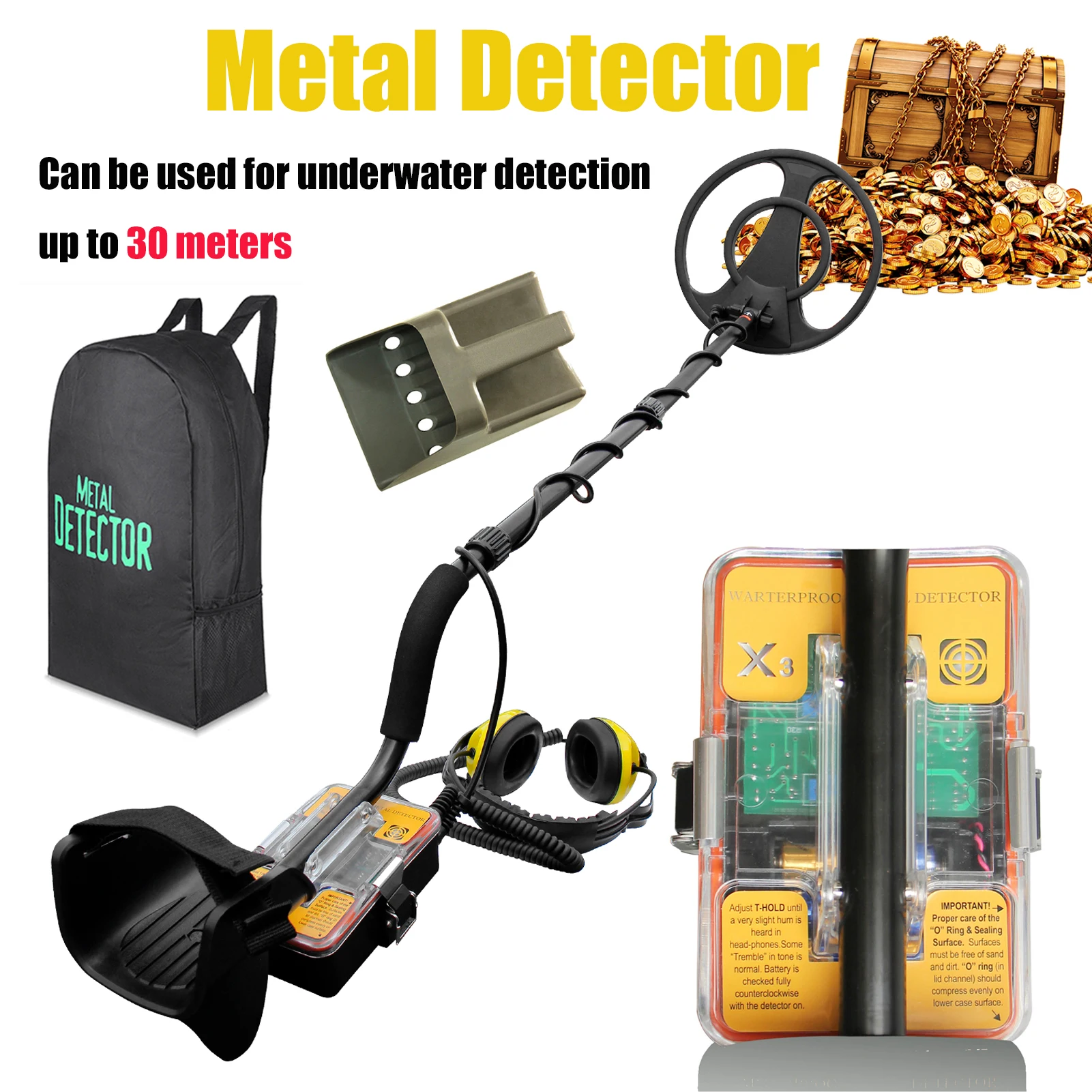 

detecteur or profond professionnel Metal Detector Pulse Induction Underwater 30M 12 Inch Search Coil IP68 Waterproof