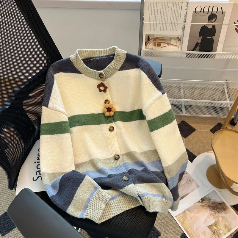 

Vintage Striped Knitted Sweater Women Cardigan Coat 2023 Autumn Winter Long Sleeve O-neck Single-breasted Knitwear Tops Jumpers