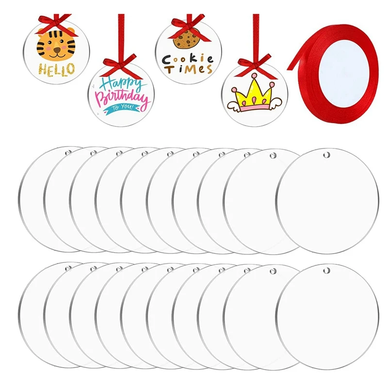 

20 Pieces Acrylic Clear Blanks Transparent Tag Discs Blanks For DIY Crafts Keychain Decoration With Ribbon