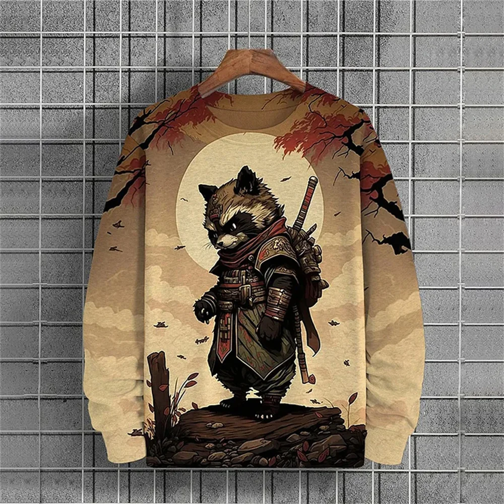 Свитшот мужской с капюшоном винтажный пуловер рисунком воина енота худи длинным