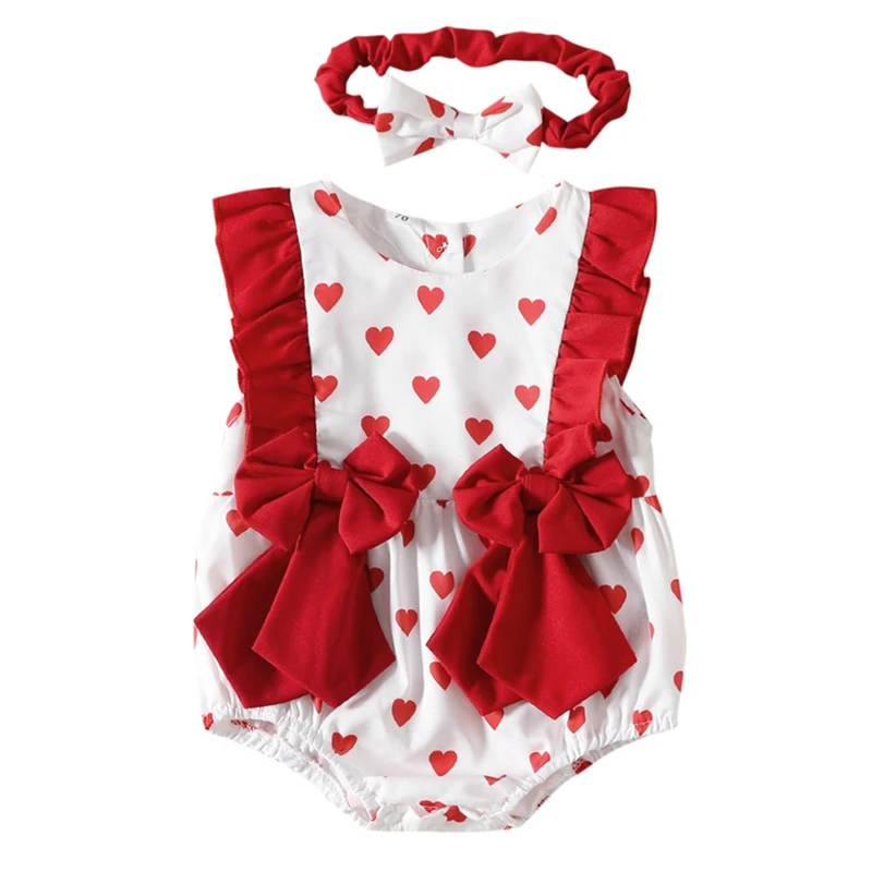 

Newborn Baby Girl Romper Valentine's Day Heart Print Bow Bodysuits for Infants Cotton Fashion Ruffled Kids Clothes Girls 0-24M