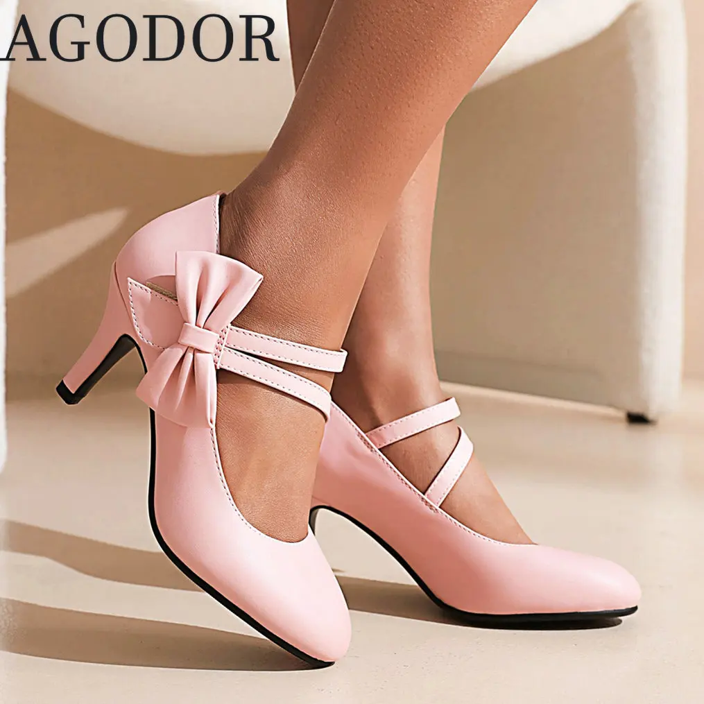 

AGODOR Double Strap Mary Janes with Bow Low Kitten Heel Pumps 2022 Pink Cute Women Pumps Shoes All Match Ladies Pumps