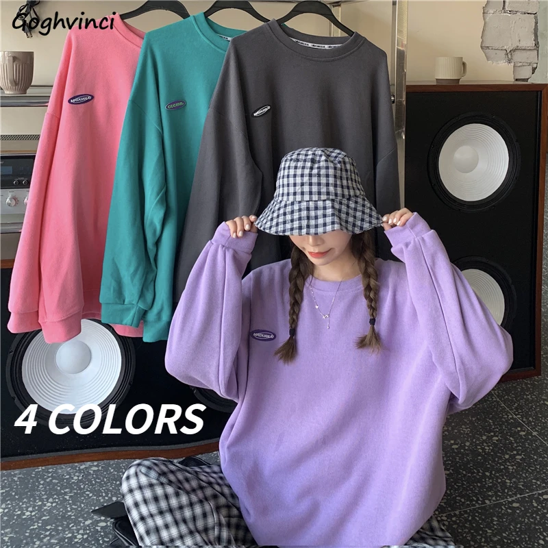 

No Hat Hoodies Women O-neck Solid Streetwear Leisure All-match Loose Students Hoodie Harajuku Fall Outwear Basic Ulzzang Chic