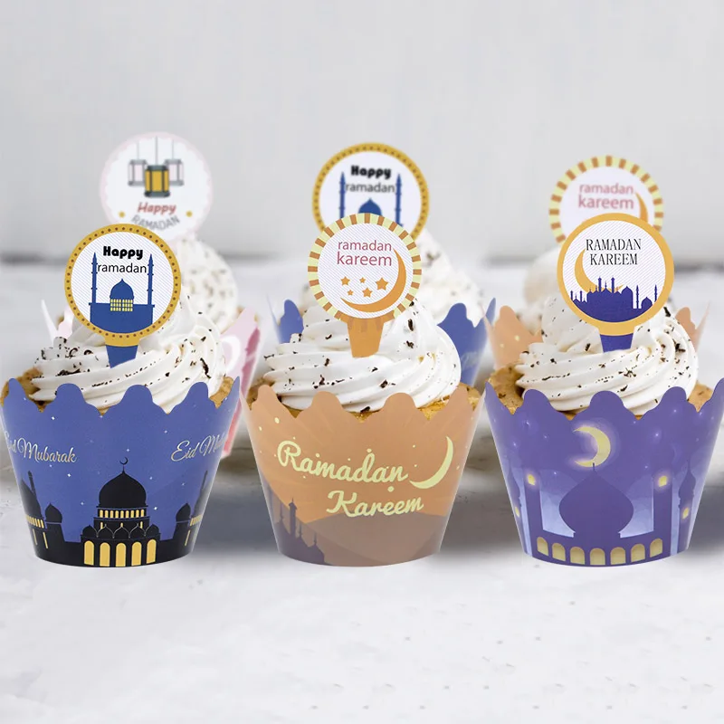 

12 Sets Ramadan Kareem Cupcake Topper Wrappers Muffin Case Eid Al-fitr Festival Party Cake Decoration Happy Ramadan Paper Decor