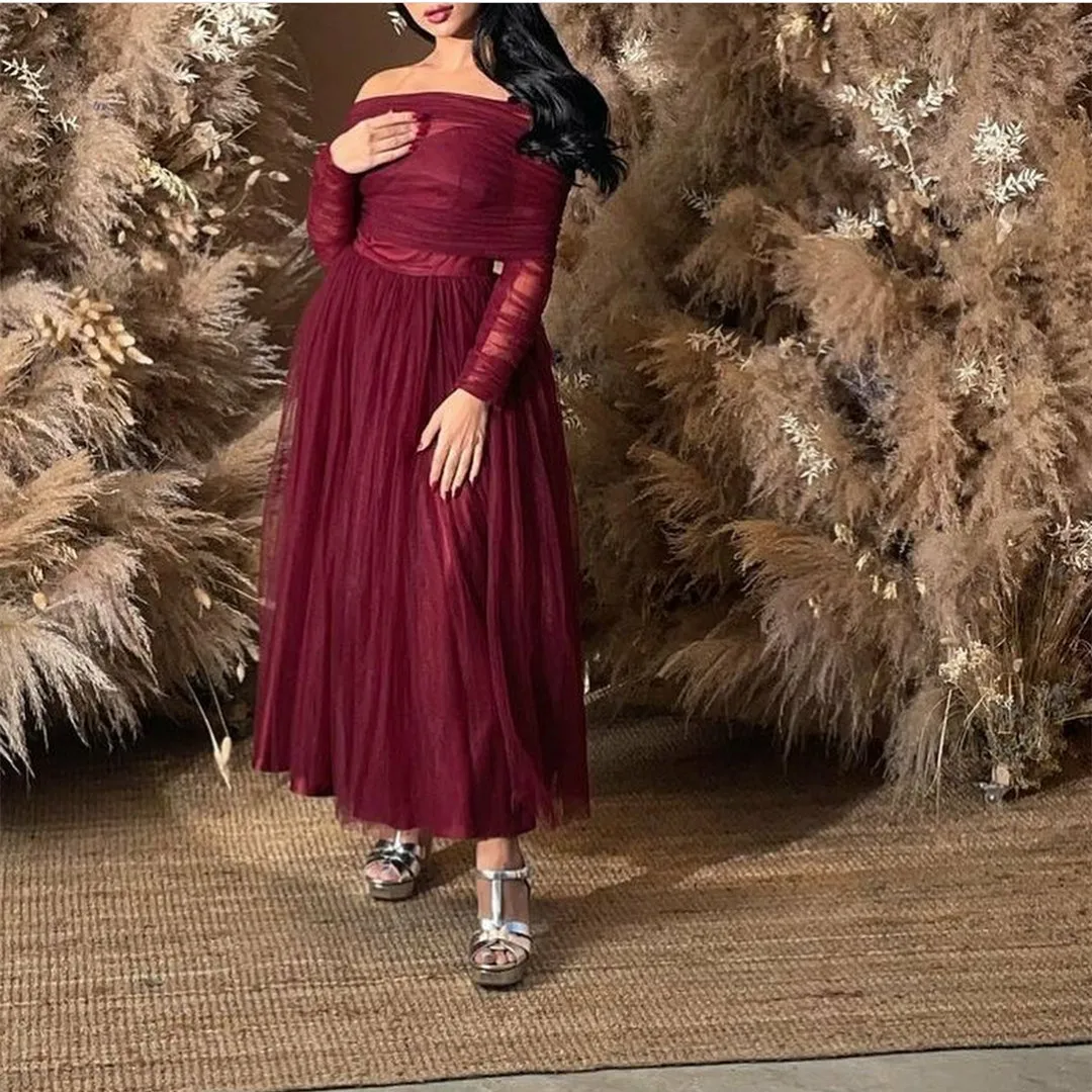 

Vintage Long Sleeve Off Shoulder Tulle Evening Dresses A-Line Burgundy Ankle Length Prom Dresses for Women