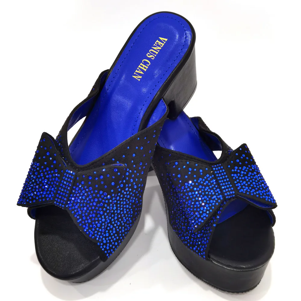 New Luxury Shoes Women Designers Blue Heels Women Elegant Shoes Decorated with Rhinestone Floral Print Ladies Slippers