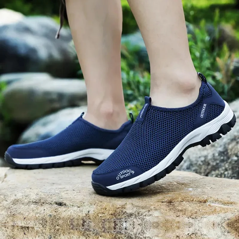 Walking Shoes Men Slip on Casual Sneakers Male Breathable Outdoor Shoes Lightweight Flat Shoes Blue Black Grey
