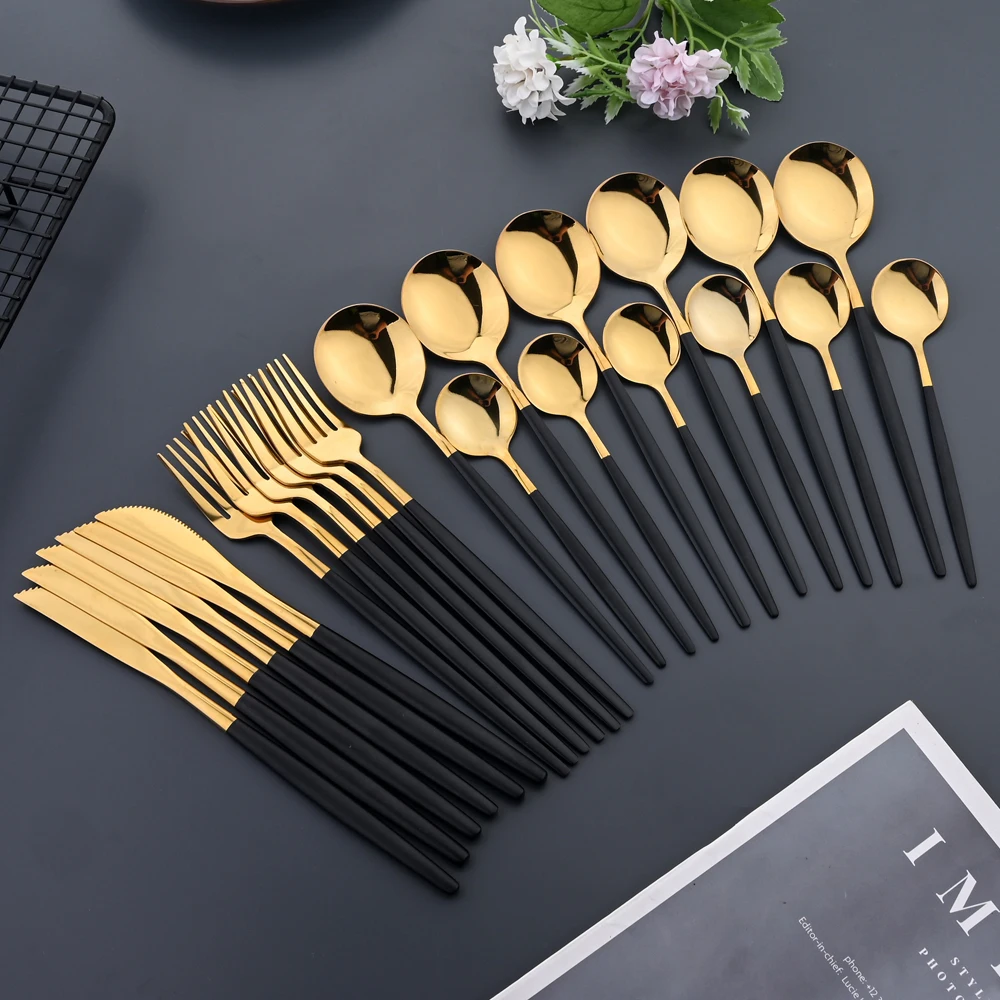 

AJOYOUS, 24 шт., столовая посуда из нержавеющей стали, вилка, нож, ложка, черно-золотистая искусственная кухня, столовый Ресторан
