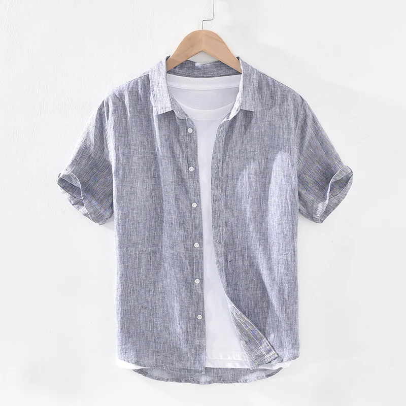 

Male Fit Sleeve Vintage Shirt Hemp Linen Tops Gray Japanese Fashion Solid Slim Men Short Summer New Shirt For Pure