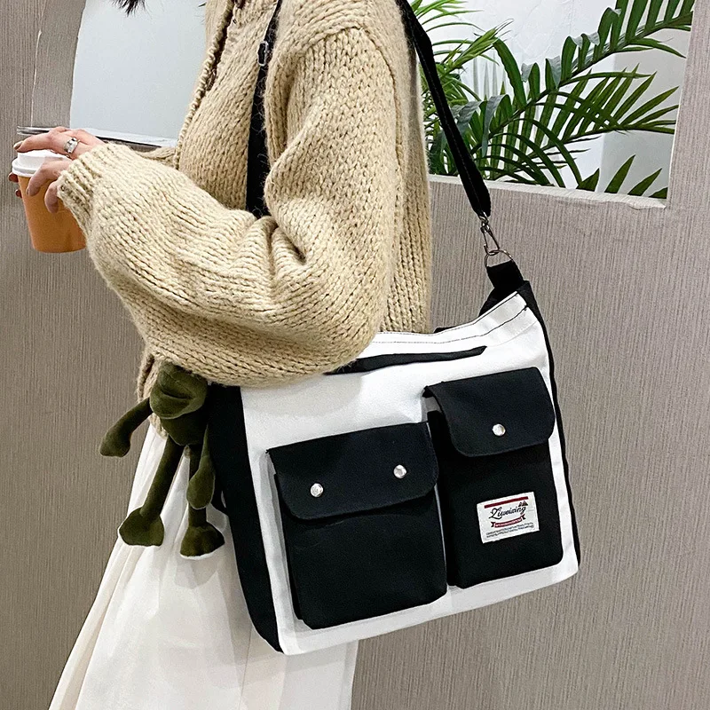 

Women's Double Pocket Canvas Bag Fashion Trend Single Shoulder Bag with Lid Zipper Messenger Bag Tote Bag Student Tuition Bag