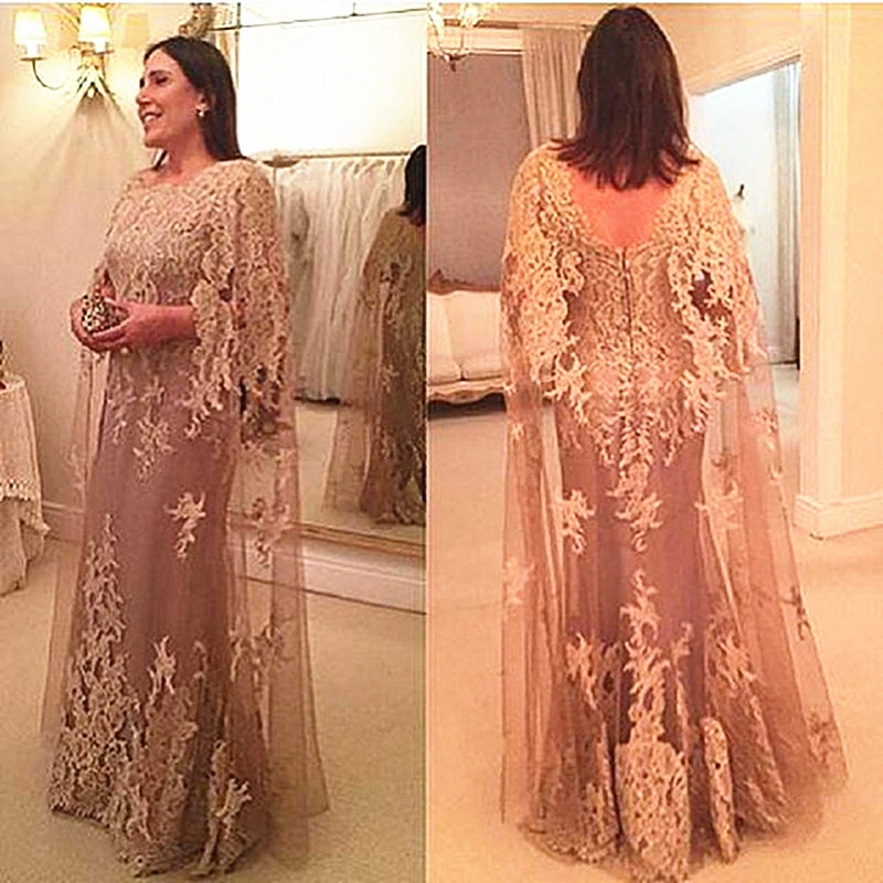Lace Long Mother of the Bride Dress with Cape Floor Length Mermaid Women Formal Evening Party Wedding Guest Elegant Prom Gown