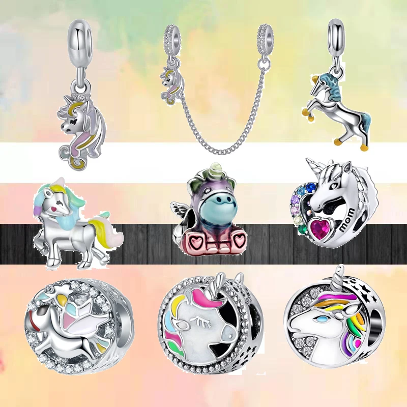 

Colorful Unicorn Safety Chain Pendant Round Beads Fit Original Brand 3mm Bracelets Charm Silver Color Women Jewelry Gifts Custom