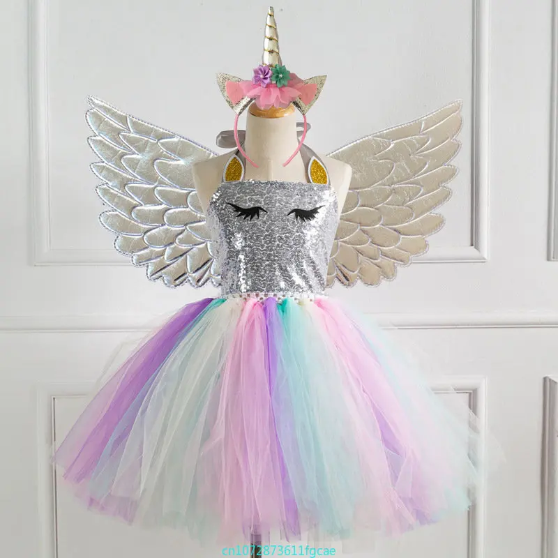 

Anime Girls Unicorn Dresses Cosplay Costume Tutu Dress Shiny Princess Skirt Wings Suit Halloween Masquerade Party Child Gifts