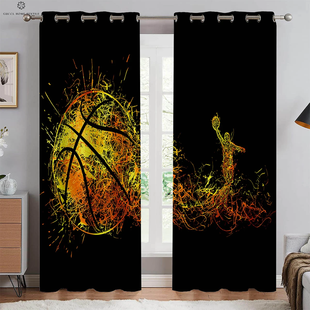 2 шт. шторы с 3D принтом пламени баскетбола можно стирать в машине декоративные для