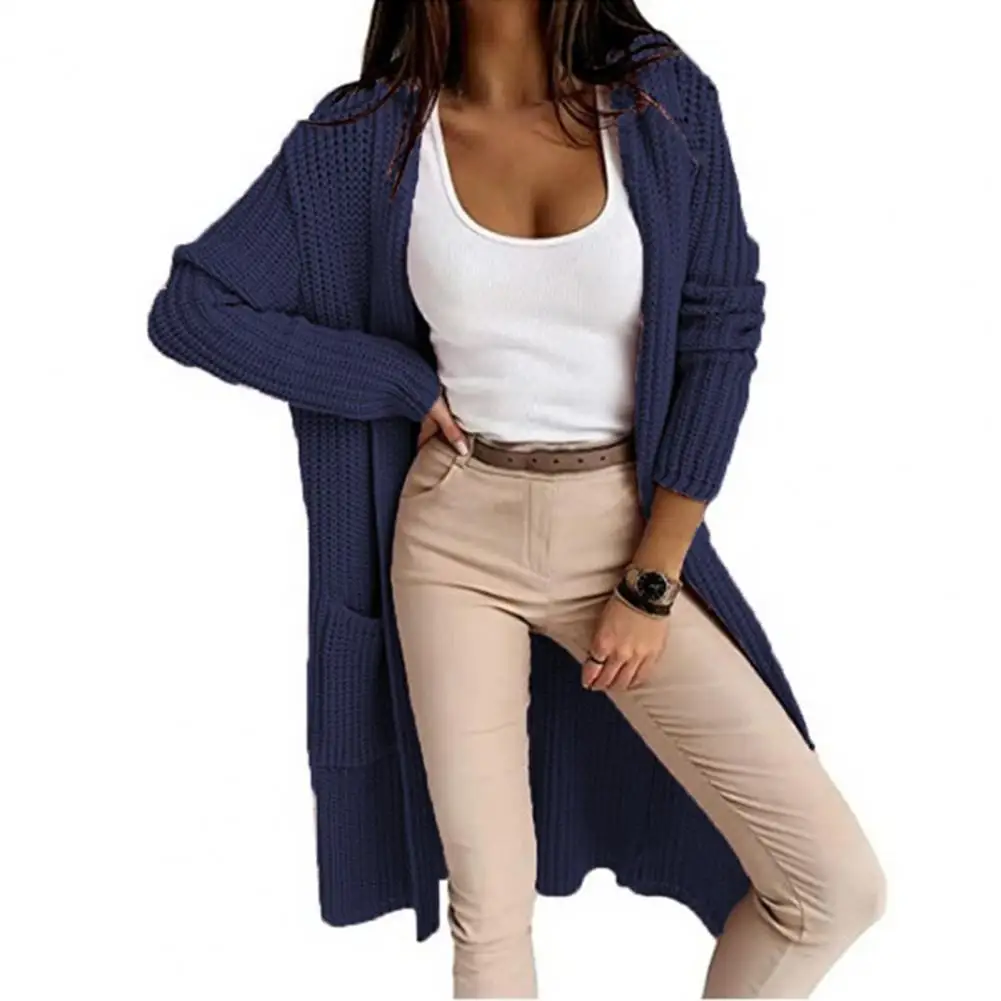 

Вязаный кардиган, Женский Осенний Повседневный однобортный Однотонный свитер средней длины с длинными рукавами и карманами, верхняя одежд...