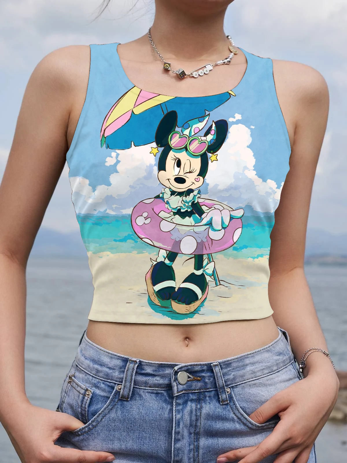 

Женская футболка Disney Y2k с Микки Маусом, сексуальный корсет, модные укороченные топы, майка без рукавов, женская одежда Минни Маус, футболки д...