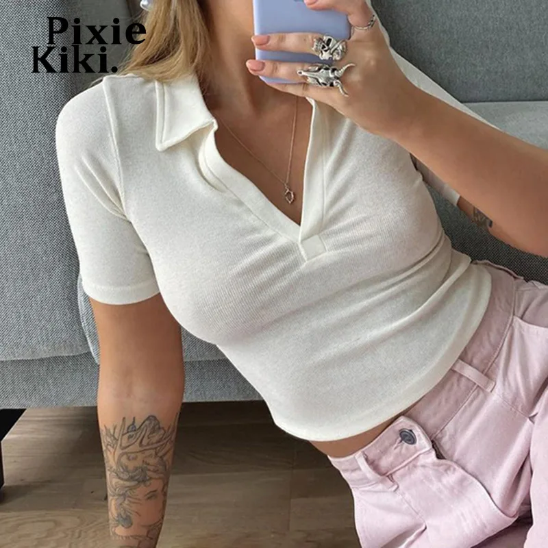 

PixieKiki Basic White T-shirts 2022 Summer Clothes for Women Casual Ribbed Slim Fit Short Sleeve Crop Tops P84-BA12