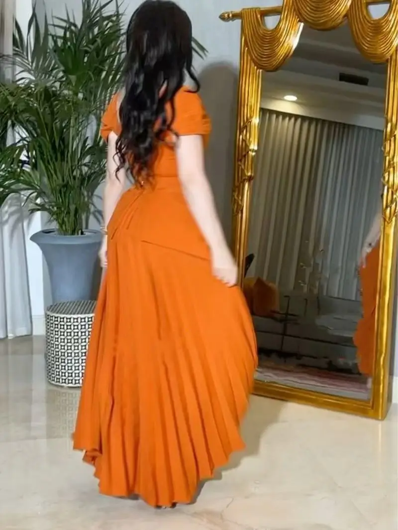 PLEINDI Bohemian Evening Dresses Square Collar Short Sleeve A-LINE Ankle-Length Chiffon 2022 New of Cut-out Boho Women Dress