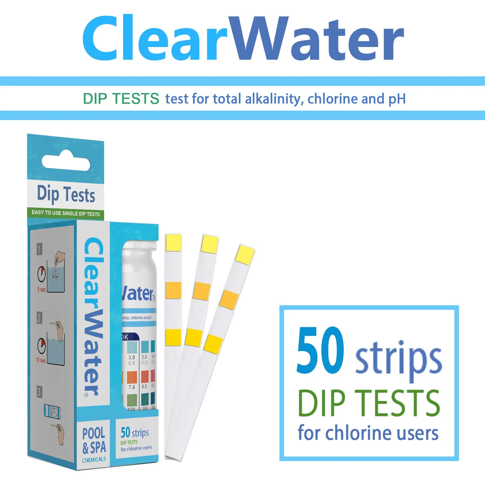 

50 Strips 3 in 1 Swimming Pool Water Test Strips Water Quality Testing Strips Ph Total Alkalinity Free Chlorine PH Hardness