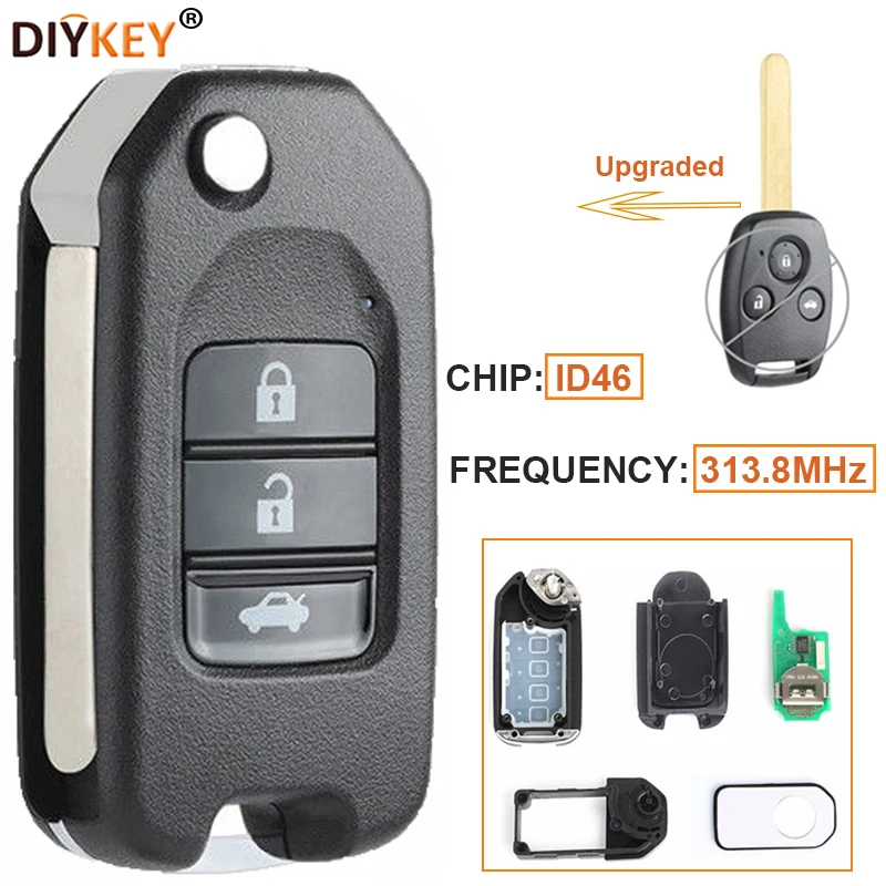 

Ключ дистанционного управления DIYKEY 313,8 МГц с 3 кнопками, обновленный ключ-брелок ID46 с необработанным лезвием для Honda Civic 2009 2010 2011 2012