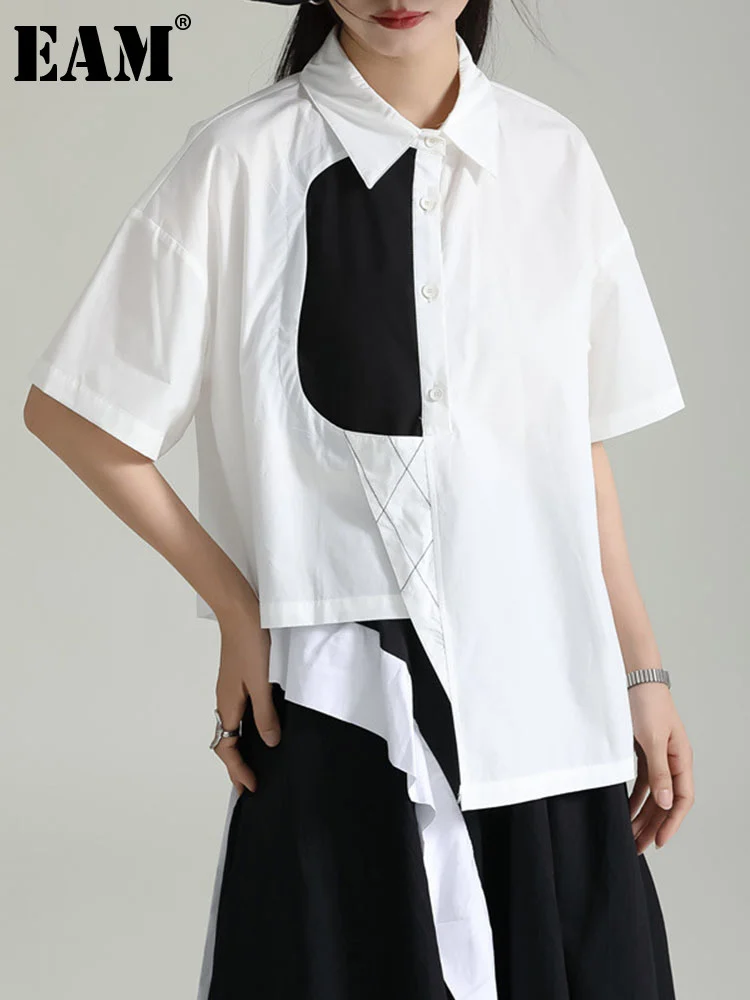 

[EAM] Women White Color-block Irregular Big Size Blouse New Lapel Short Sleeve Loose Shirt Fashion Spring Summer 2023 1DF9558