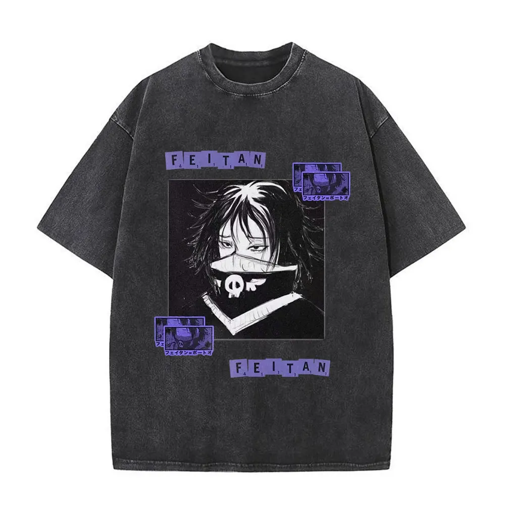

Japanese Anime Hunter X Hunter Washed T Shirt Killua Zoldyck Manga Graphic Print T-shirt Men Vintage Hip Hop Streetwear Wash Tee