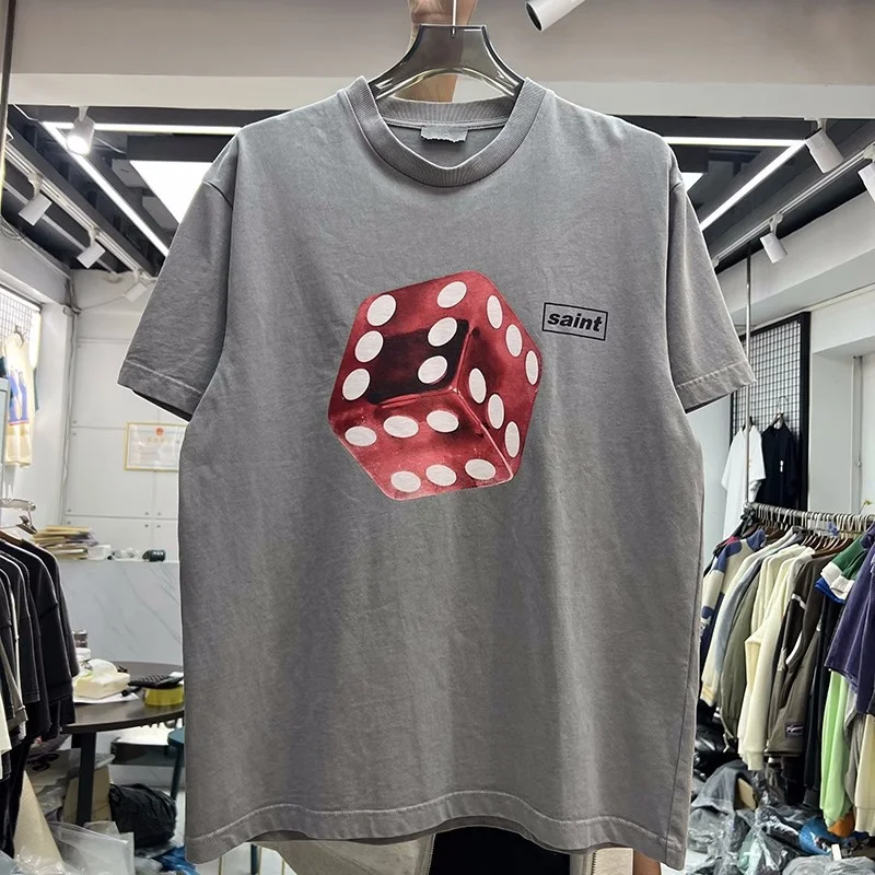 

Wine Red Dice Printing Vintage Heavy Fabric T-Shirt Men Women High Quality Streetwear Wash Distressed T Shirt Gray