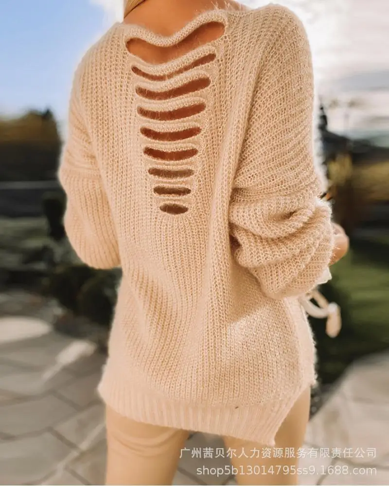 2023 Spring Women's New Sexy Back Hollow Woolen Tops Women's Casual Solid Color Long-sleeved Knitted Pullover
