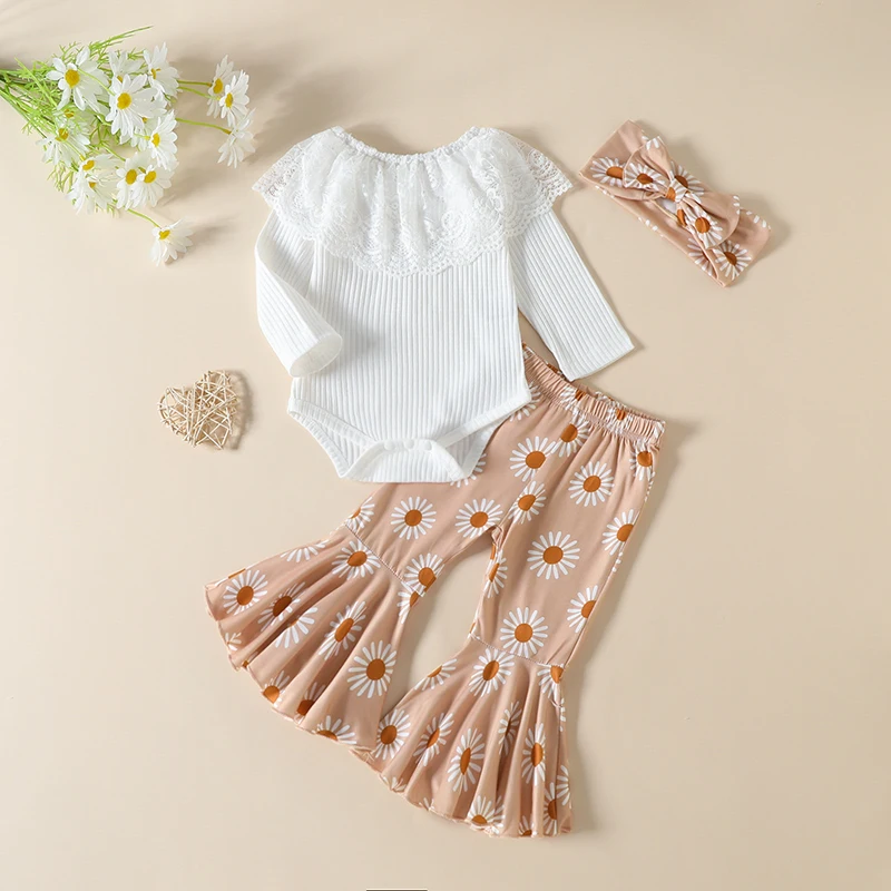 

HAYANA New Spring Baby Jumpsuit Set Toddler White Lace Bodysuit+Floral Pants Suit Infant Outwear 3PCS