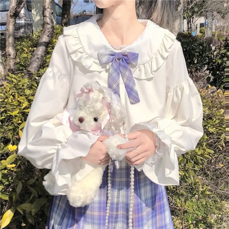 Camisa de manga larga de Lolita con cuello de muñeca Kawaii dulce japonesa, camisa de uniforme Jk de estudiante, nueva blusa blanca Lolita 2021