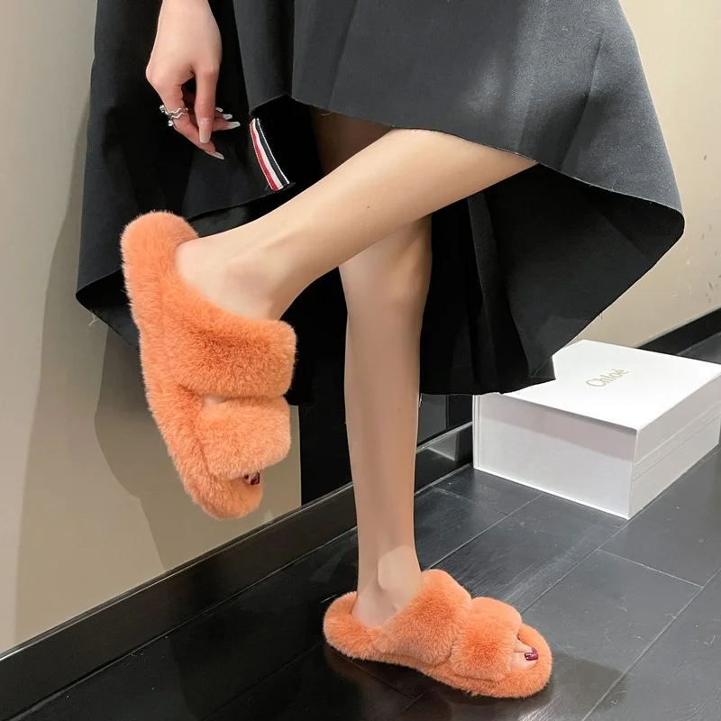 

2022 Winter Women's Fluffy Soft Slippers for Women Fur Slides Fashion Platform Flats Ladies House Shoes Indoor Footwear Female